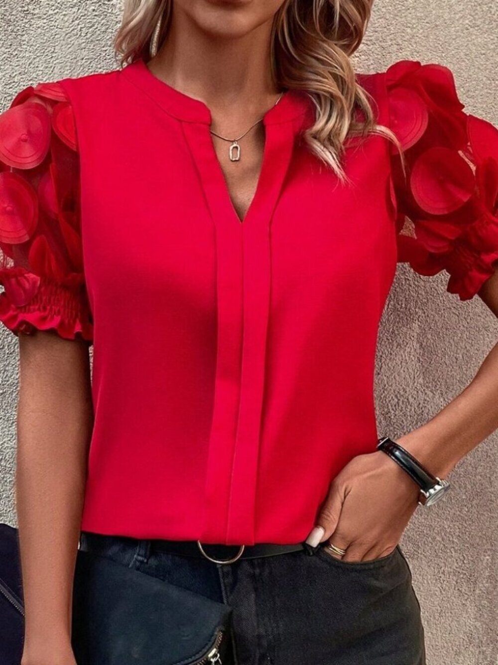 Red Casual Women's Short Sleeve Floral Embroidery Shirt